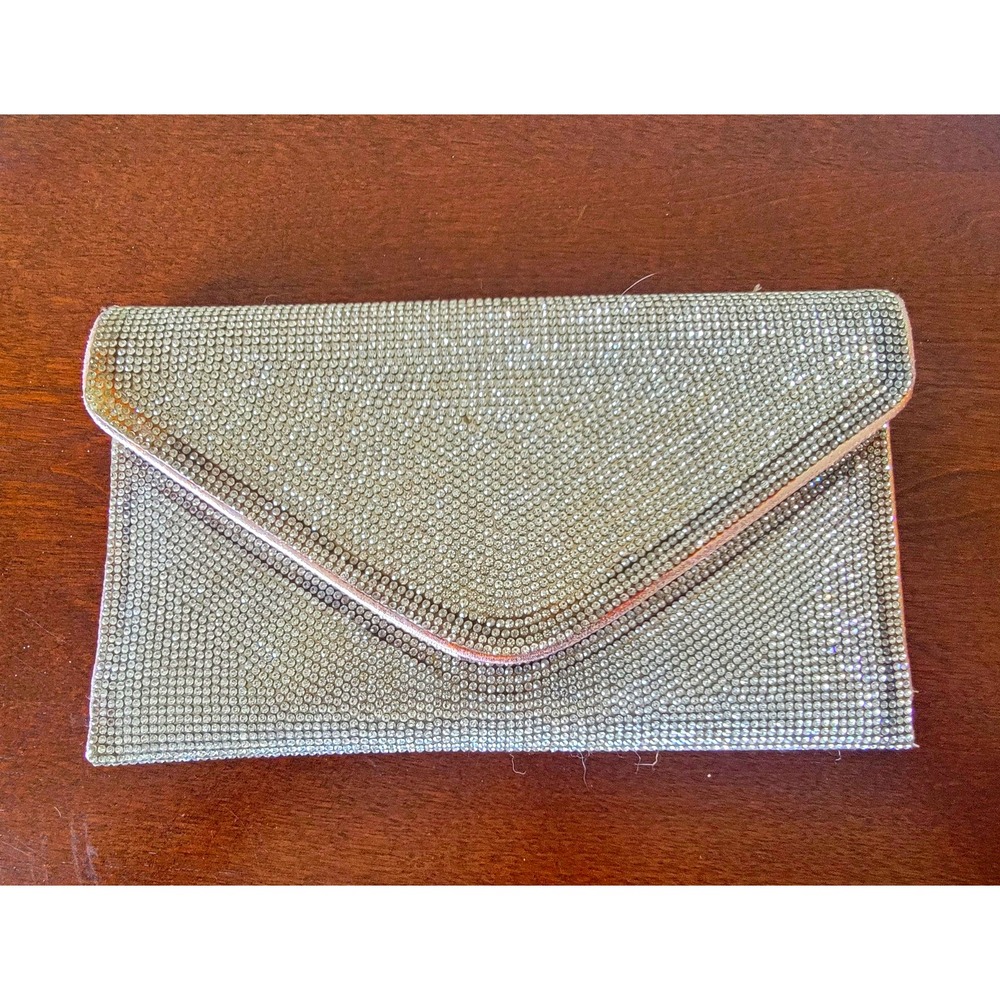 Lulu Townsend Silver Rhinestone Envelope Clutch Chain Shoulder Strap Snap Party
